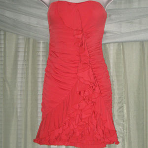 NIKIBIKI Coral Red Ruched Ruffled Strapless Dress